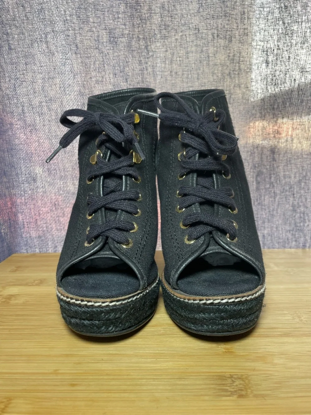 Tory Burch Peep Toe Lace Up Espadrille Wedge Sandals 7B Black Canvas Shoes 4